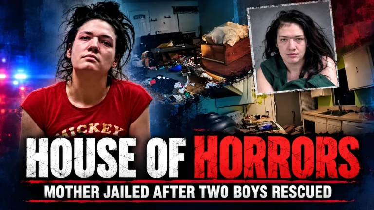 Editorial composite showing Krystal Rose Farmer and the neglected Michigan home where her two young sons were rescued.