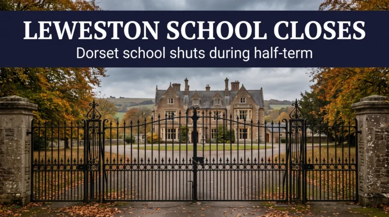 Editorial illustration of a closed gate outside a fictional historic school, with the headline Leweston School Closes