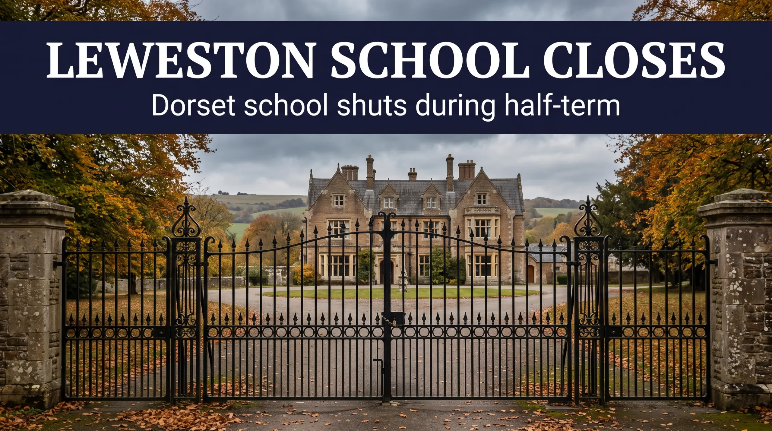 Editorial illustration of a closed gate at a fictional school, with the words Leweston School Closes