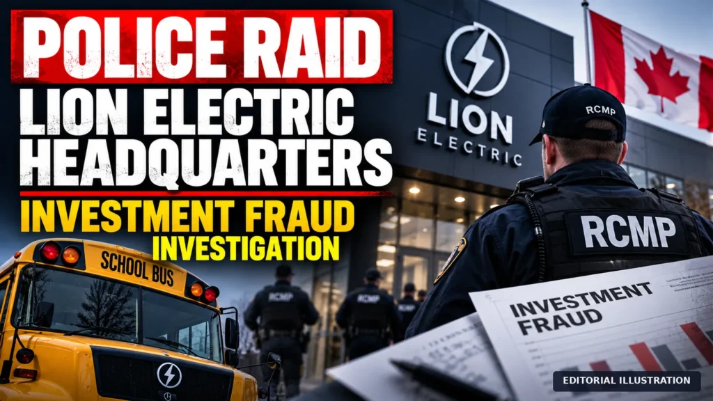 Editorial illustration of RCMP officers outside a Lion Electric-branded building, with a yellow school bus and investment fraud investigation headline.