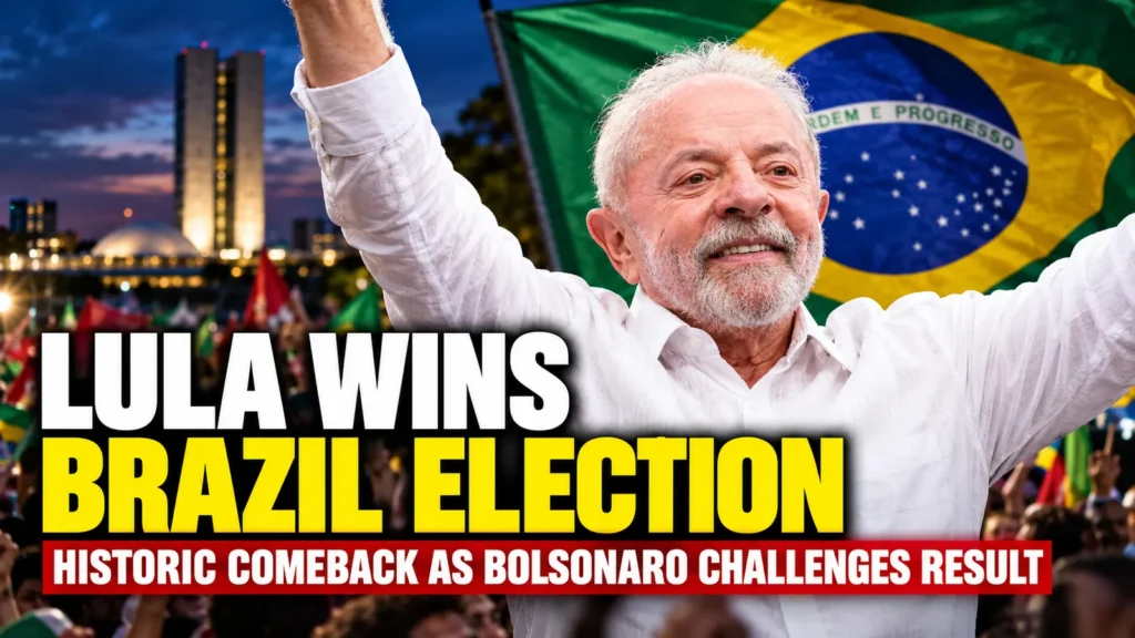 Editorial composite of Luiz Inácio Lula da Silva celebrating his 2026 Brazil election victory, with the Brazilian flag and election headline.
