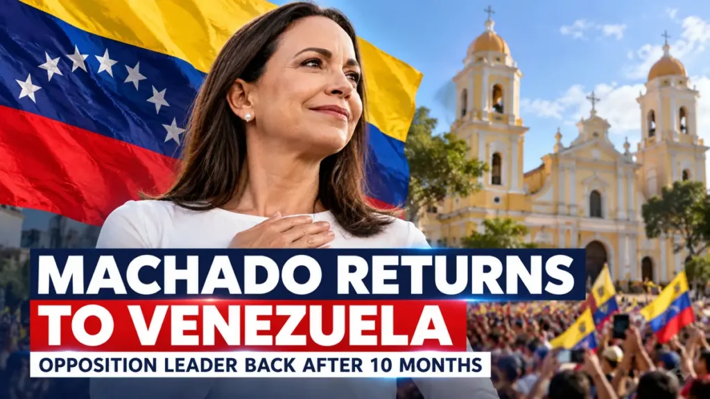 Editorial composite of María Corina Machado against the Venezuelan flag and a church, with text reading Machado Returns to Venezuela.