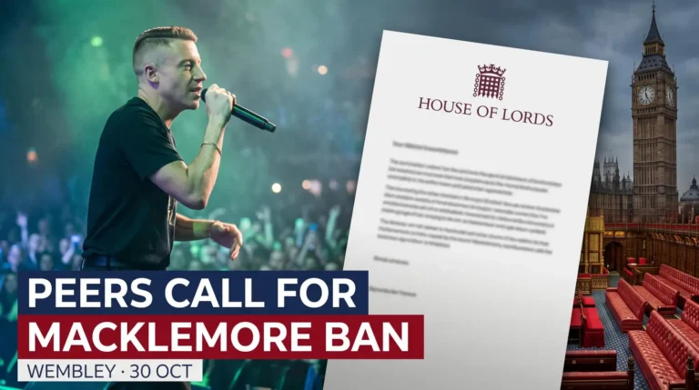Editorial composite of Macklemore on stage with Parliament and the words Peers Call for Macklemore Ban