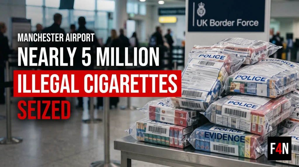 Illustrative composite showing bags of cigarette cartons at an airport inspection area with the headline Nearly 5 Million Illegal Cigarettes Seized.