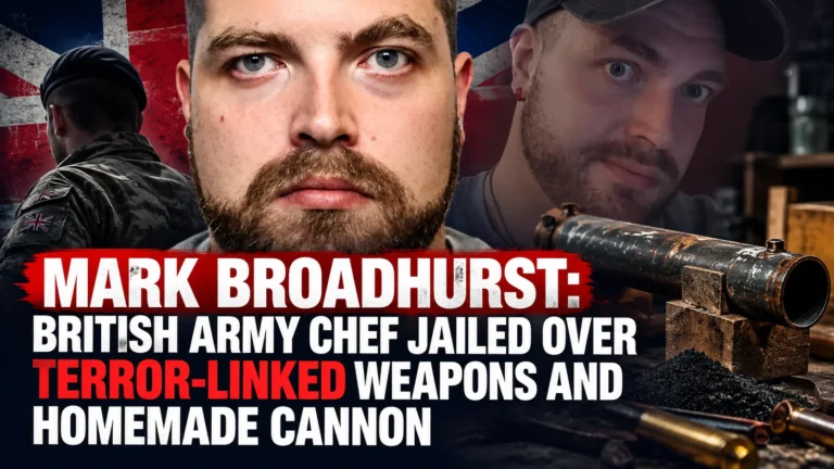 Editorial composite featuring Mark Broadhurst, the British Army chef jailed for terror-linked weapons offences, alongside military and homemade cannon imagery.