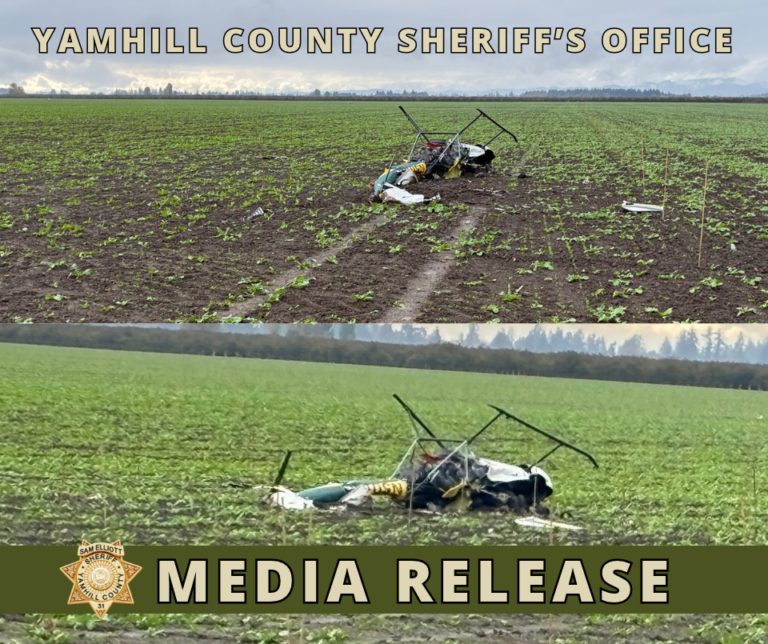 Helicopter wreckage in a farm field following the 29 October 2026 McMinnville collision, photographed by the Yamhill County Sheriff's Office