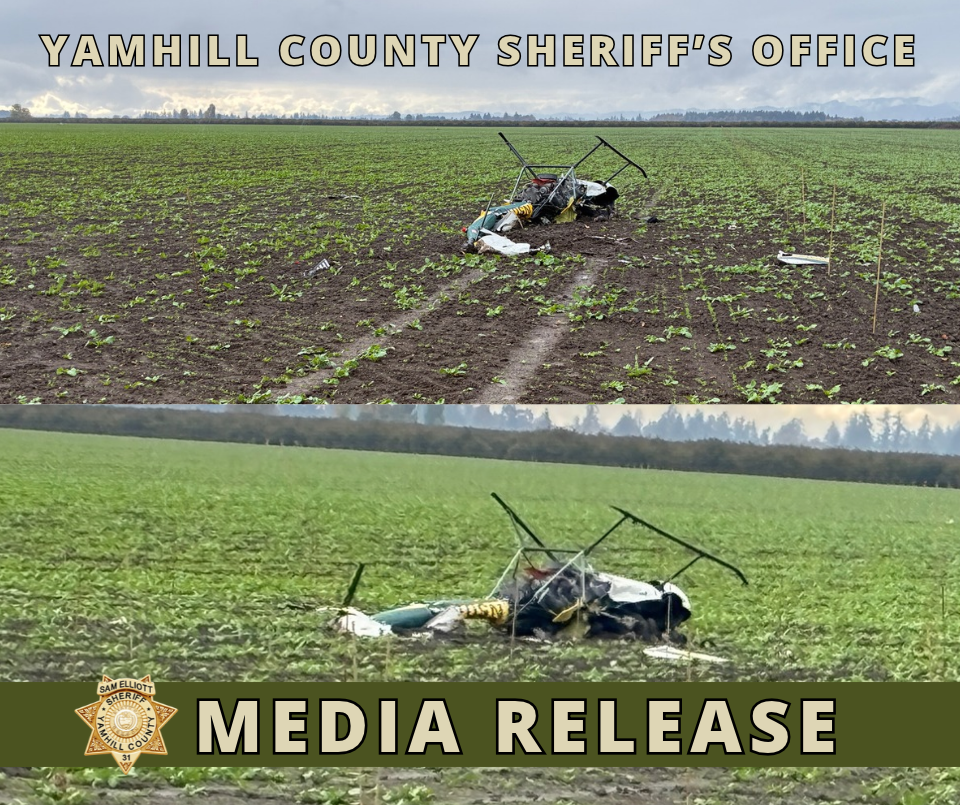 Wreckage of a helicopter in a farm field following the October 2026 McMinnville collision