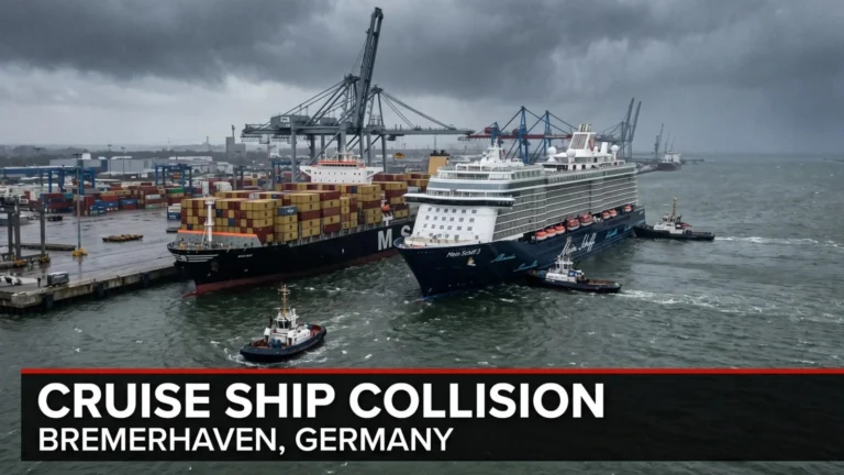 Illustrative composite of Mein Schiff 3 and MSC Victorine near Bremerhaven during stormy weather, with text stating that police are investigating the captain; not an eyewitness photograph.