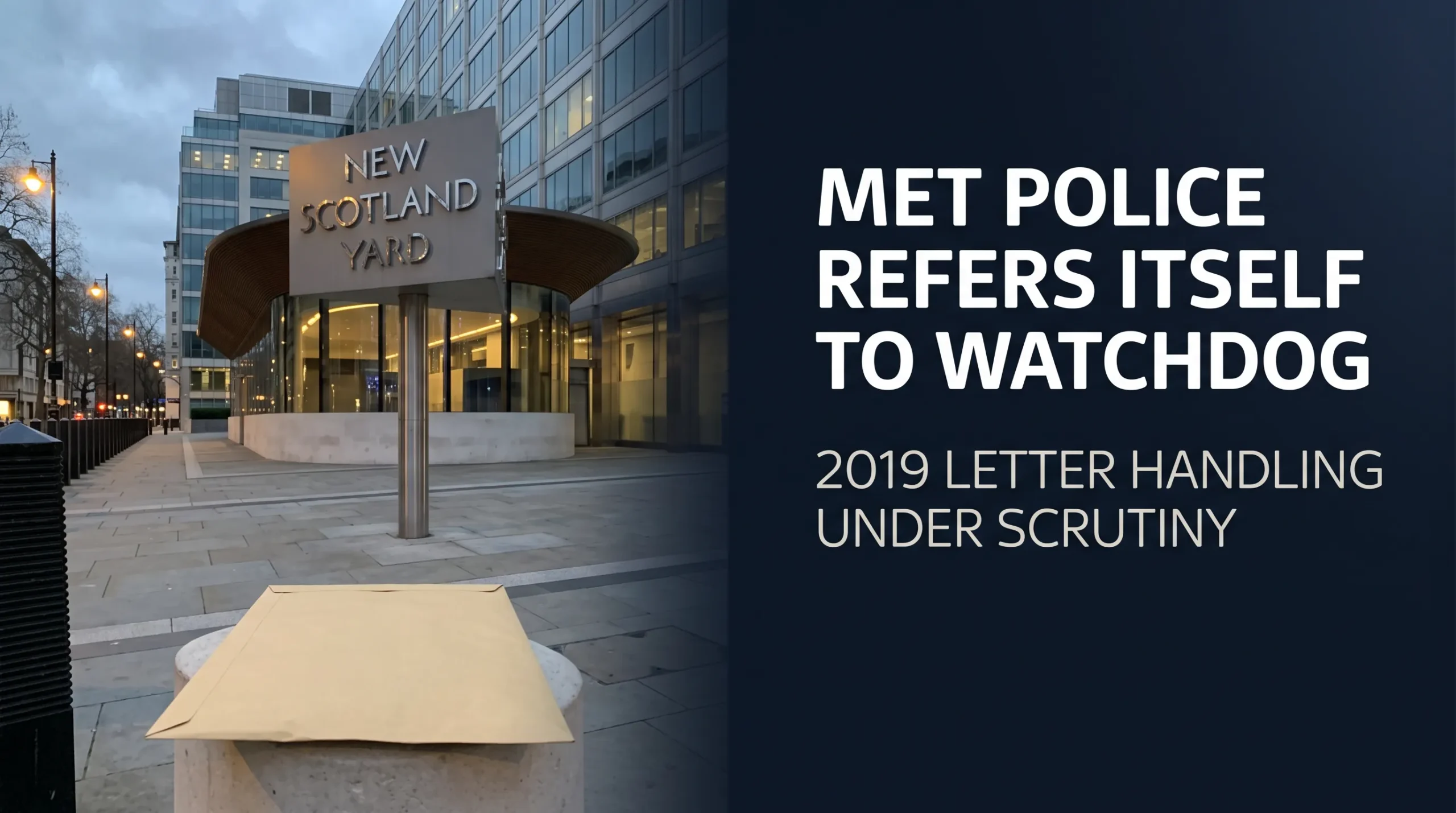 Editorial composite showing a New Scotland Yard sign and envelope alongside the headline Met Police refers itself to watchdog.