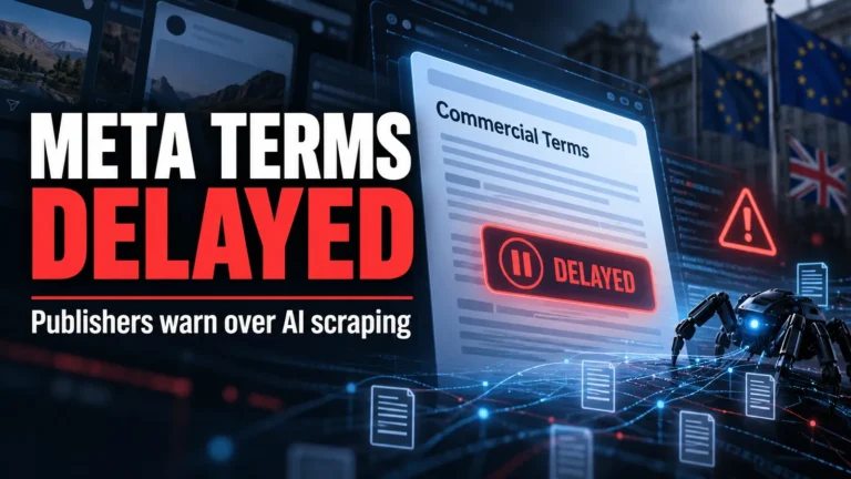 Editorial illustration of Meta's delayed commercial terms, highlighting publishers' concerns about AI website scraping.