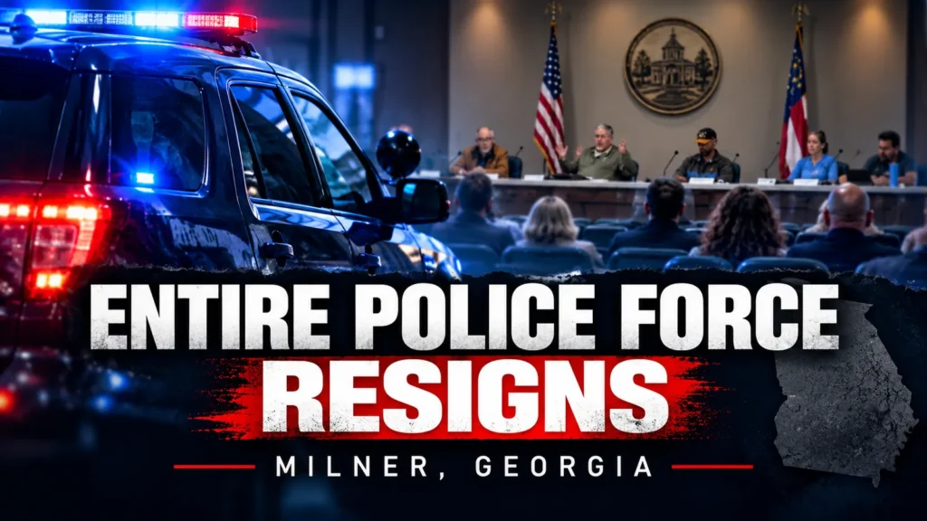 Editorial illustration of a police vehicle and town council meeting representing resignations from the Milner, Georgia police department.
