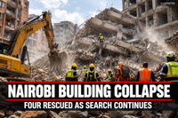 Illustration of rescue teams searching through collapsed building rubble in Nairobi, with title text four rescued as search continues.