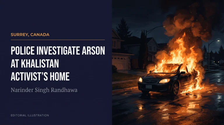 Editorial illustration of a car burning at night, representing the Surrey Police arson investigation outside Khalistan activist Narinder Singh Randhawa's home in Canada.