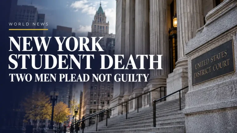 Illustration of a New York federal courthouse with the wording New York student death, two men plead not guilty