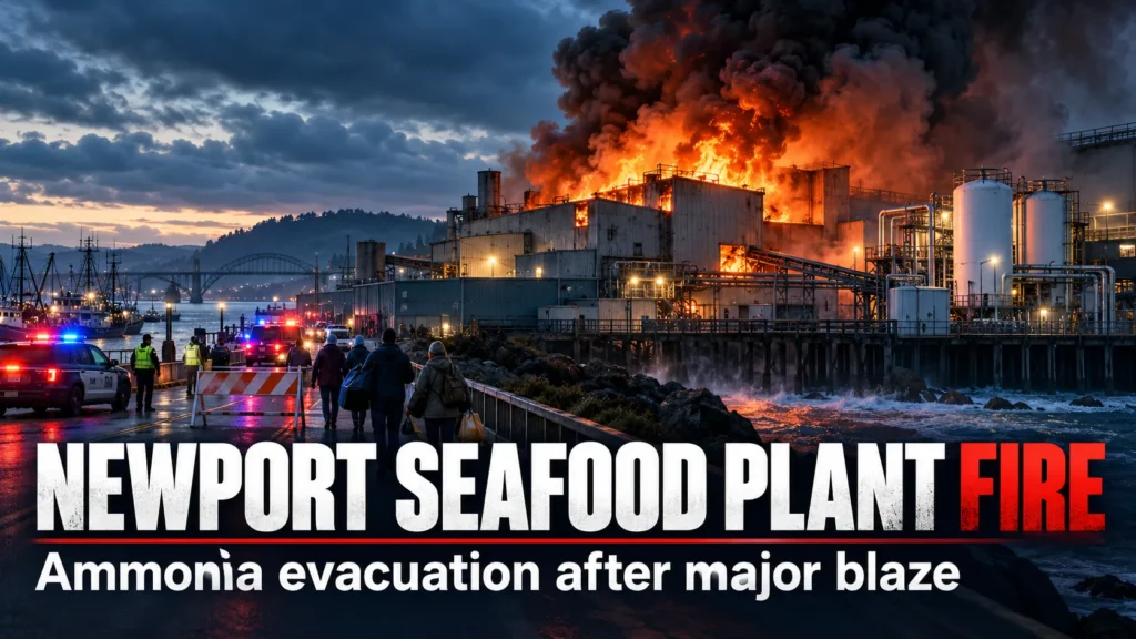 Editorial illustration of the Newport, Oregon seafood plant fire, showing smoke, flames, emergency vehicles and people evacuating the waterfront.