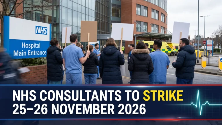 Illustrative composite showing NHS hospital staff and a headline about planned consultants' strikes on 25 and 26 November 2026