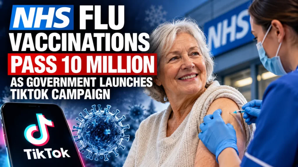 Editorial composite showing an older woman receiving a flu vaccination, with NHS and TikTok campaign graphics.
