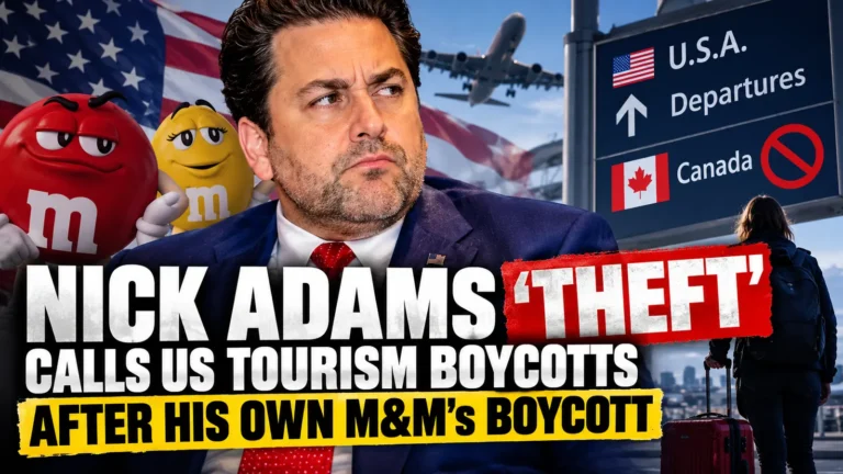 Editorial composite illustrating Nick Adams, US tourism boycotts, M&M’s characters and Canadian travel.