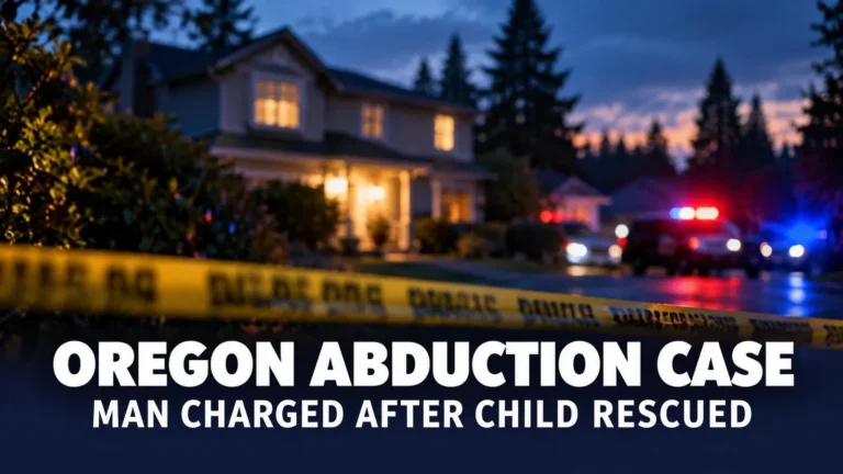 Illustrative news graphic with a police vehicle and tape outside a suburban house, reading Oregon Abduction Case: Man Charged After Child Rescued
