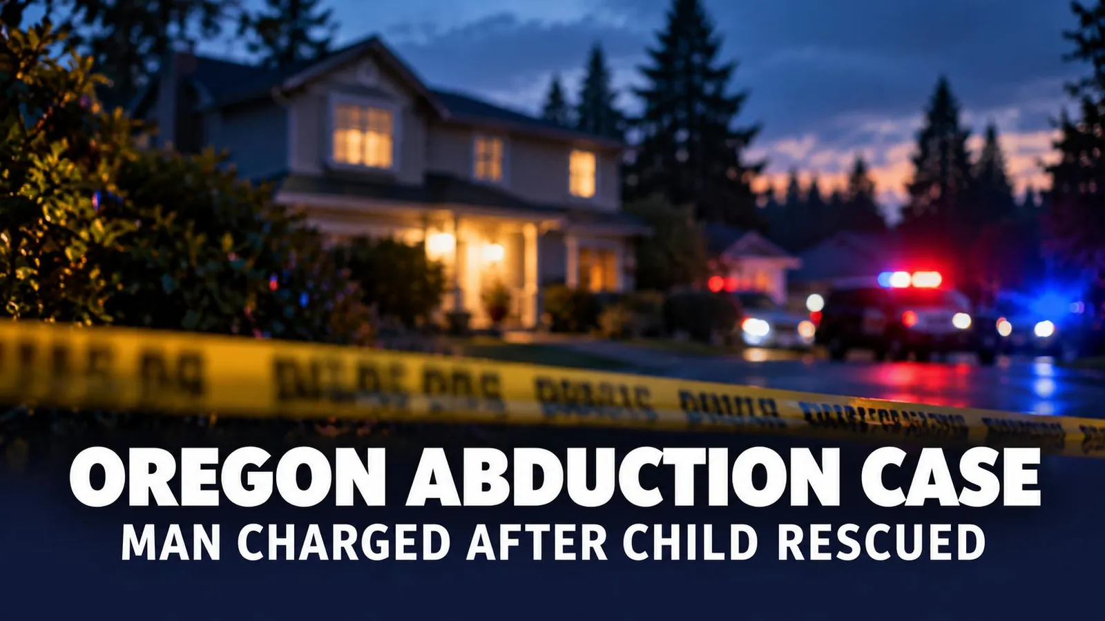 Illustrative news graphic with police lights and crime-scene tape outside a suburban house, stating Oregon Abduction Case