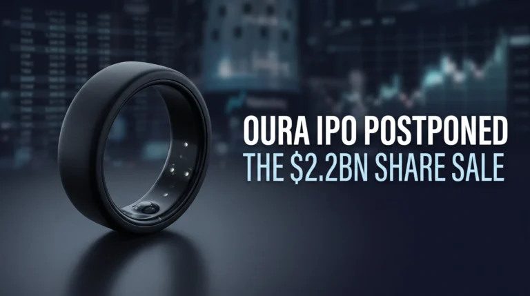 Editorial illustration of a black smart ring beside the words Oura IPO Postponed and The $2.2bn Share Sale