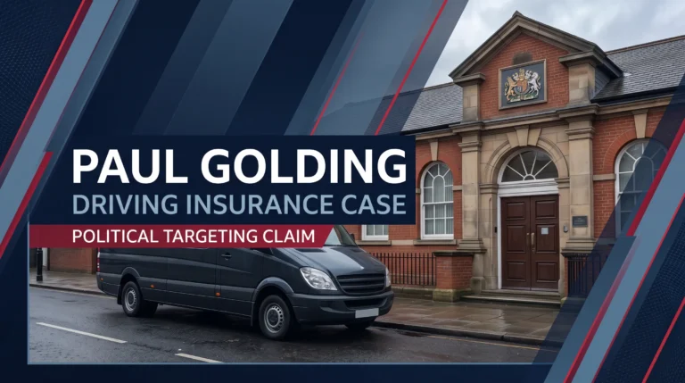 Illustration of a generic UK courthouse and minibus for a report on Paul Golding's contested driving insurance case.