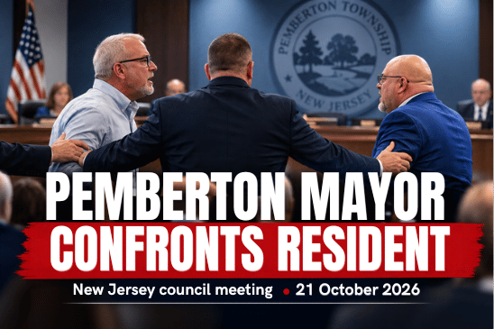 AI-generated illustration of the Pemberton Township council confrontation involving Mayor Matthew Bianchini and resident Michael Sawka. Not a photograph of the incident.