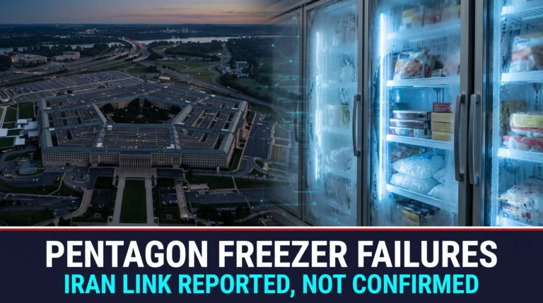 Composite news illustration showing the Pentagon beside refrigerated supermarket freezers with the words Pentagon Freezer Failures and Iran Link Reported, Not Confirmed