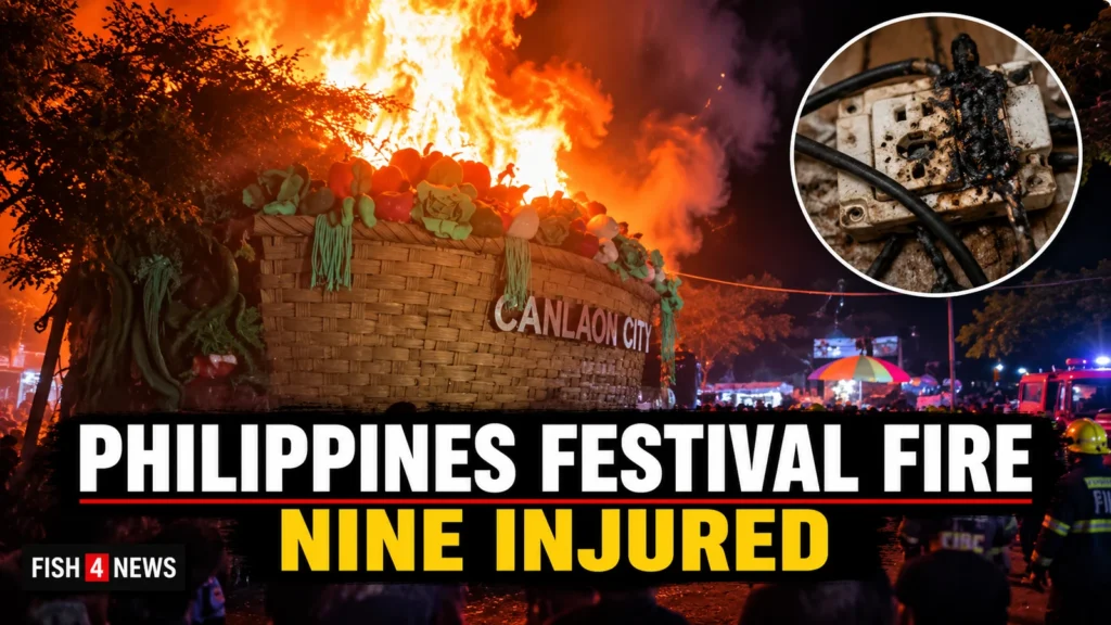 Illustrative Fish 4 News composite showing the Canlaon City festival pavilion engulfed in flames at Buglasan Festival, Philippines, with 'Nine Injured' headline and an illustrative damaged electrical socket inset.