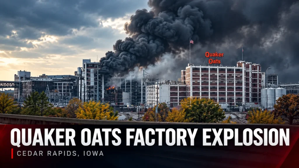 Editorial illustration of thick black smoke rising above the Quaker Oats factory in Cedar Rapids, Iowa, during the October 2026 fire.