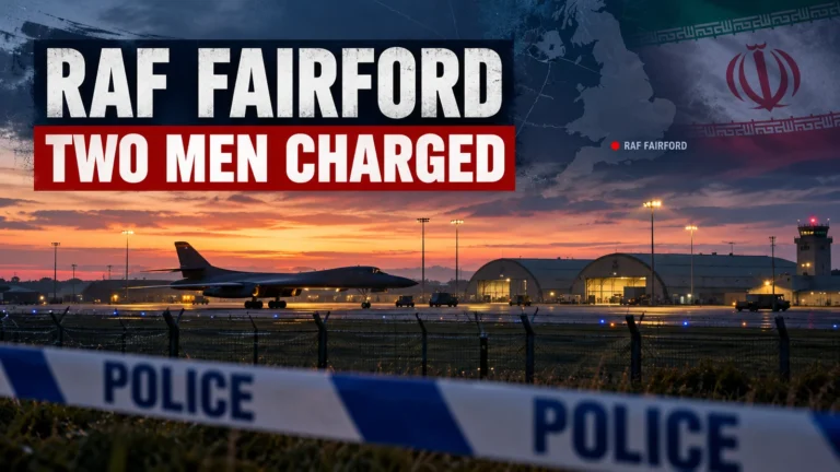 Composite illustration of RAF Fairford airbase, a military aircraft and police cordon, with headline text Two Men Charged and a map marker showing RAF Fairford.