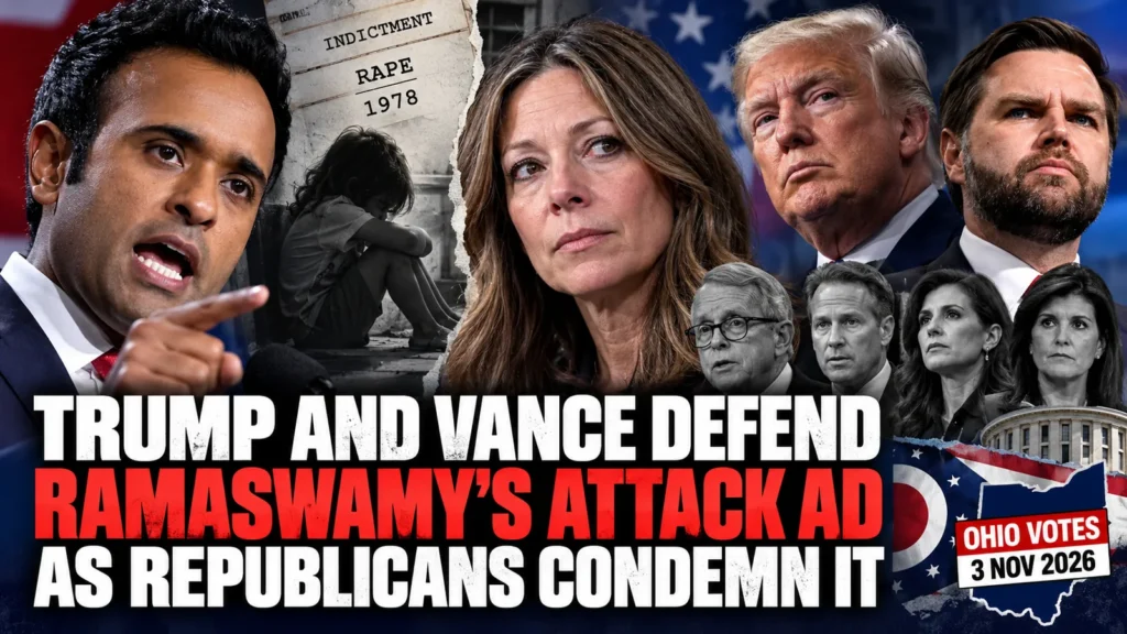 Editorial composite showing Vivek Ramaswamy, Amy Acton, Donald Trump and JD Vance with Ohio election imagery.