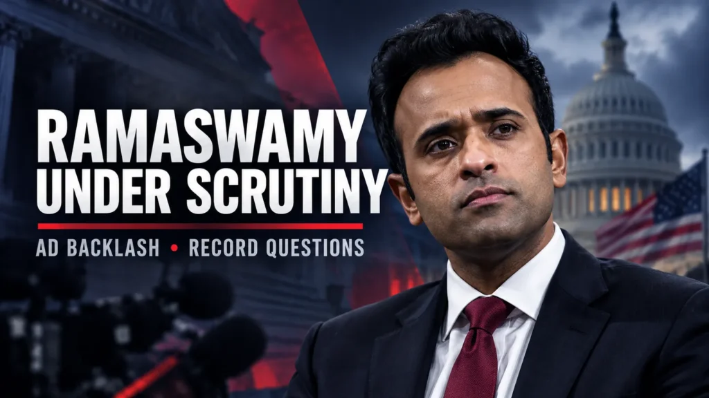 Editorial composite of Vivek Ramaswamy against a US Capitol backdrop, with the headline 'Ramaswamy Under Scrutiny'.