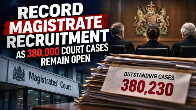 Editorial composite of a magistrates’ court and case files, highlighting record recruitment and 380,230 open cases.