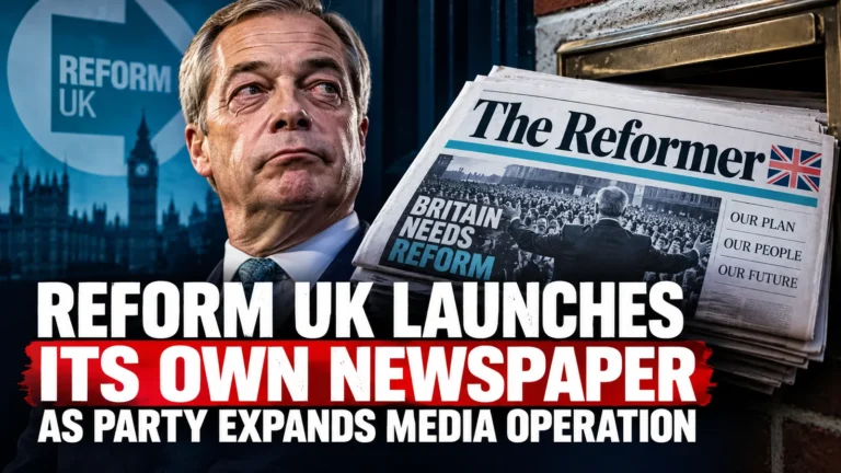 Editorial composite showing an illustrated depiction of Nigel Farage beside a mock-up of The Reformer newspaper, announcing Reform UK's media expansion.