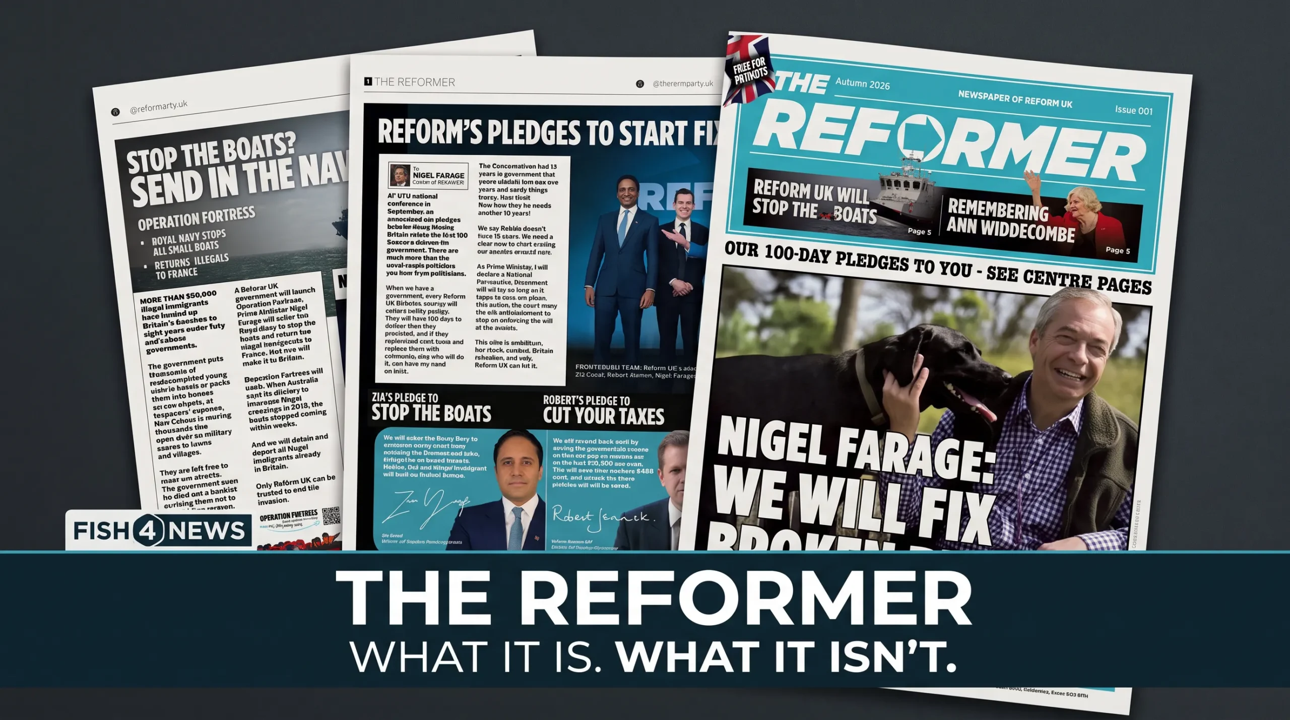 Composite of Reform UK's Autumn 2026 The Reformer newspaper, with the headline What it is. What it isn't.