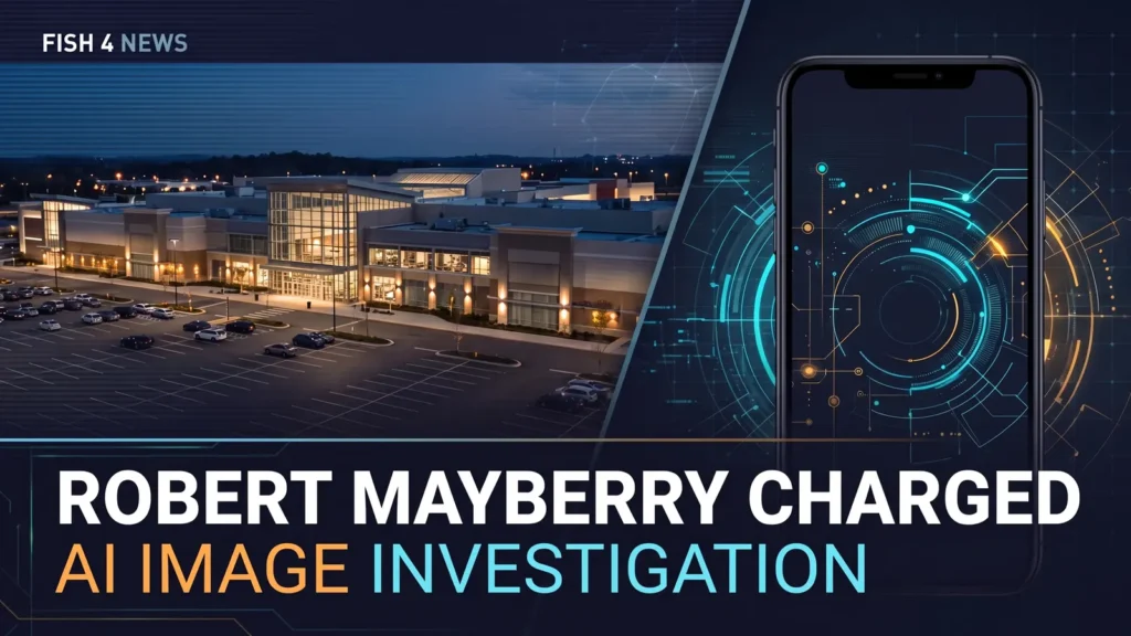 Fish 4 News composite illustration of a shopping mall exterior and smartphone with AI graphics, headline Robert Mayberry Charged
