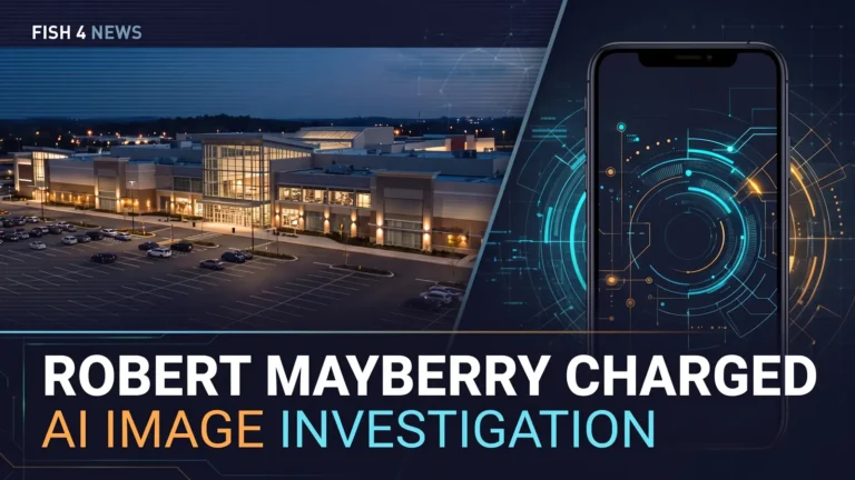 Fish 4 News composite illustration of a shopping mall exterior and smartphone with AI graphics, headline Robert Mayberry Charged