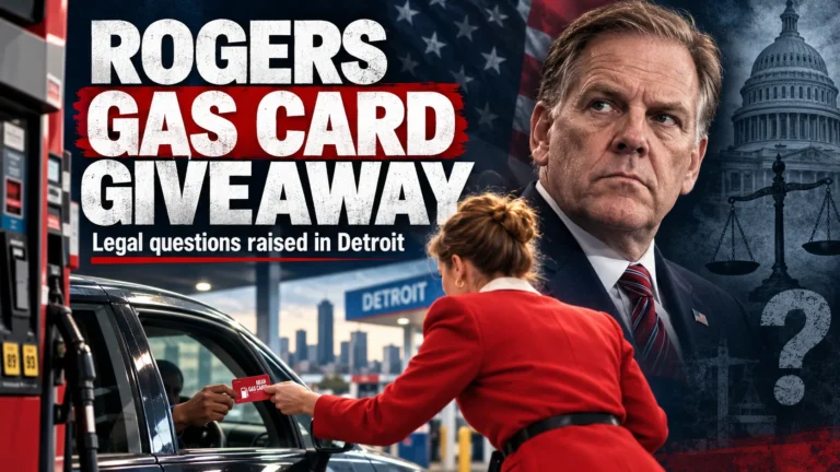 Editorial composite illustrating a Detroit petrol-station gas-card giveaway, with a portrait of Mike Rogers.