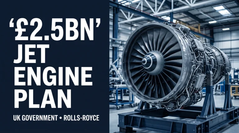 Composite news illustration of an aircraft jet engine beside the words £2.5bn jet engine plan, UK Government and Rolls-Royce