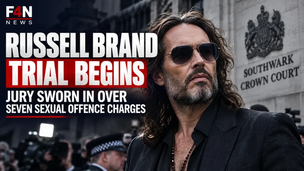 Editorial composite of Russell Brand with Southwark Crown Court and text announcing the start of his trial.