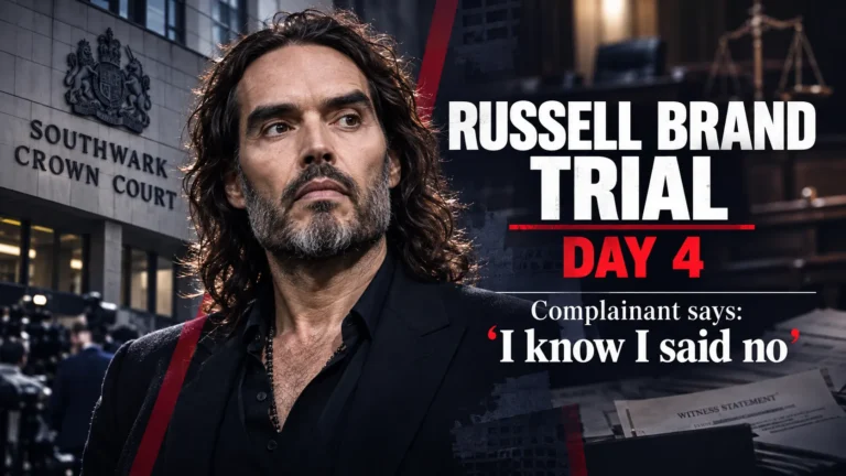 Editorial illustration of Russell Brand and Southwark Crown Court, headed Russell Brand Trial Day 4, with a quotation from the complainant.