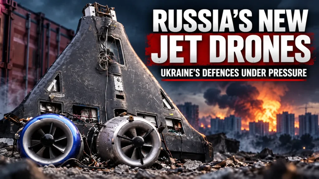 Editorial illustration of a damaged Russian Geran-4 jet-powered drone and its exposed engines, with smoke and flames over a city in the background.