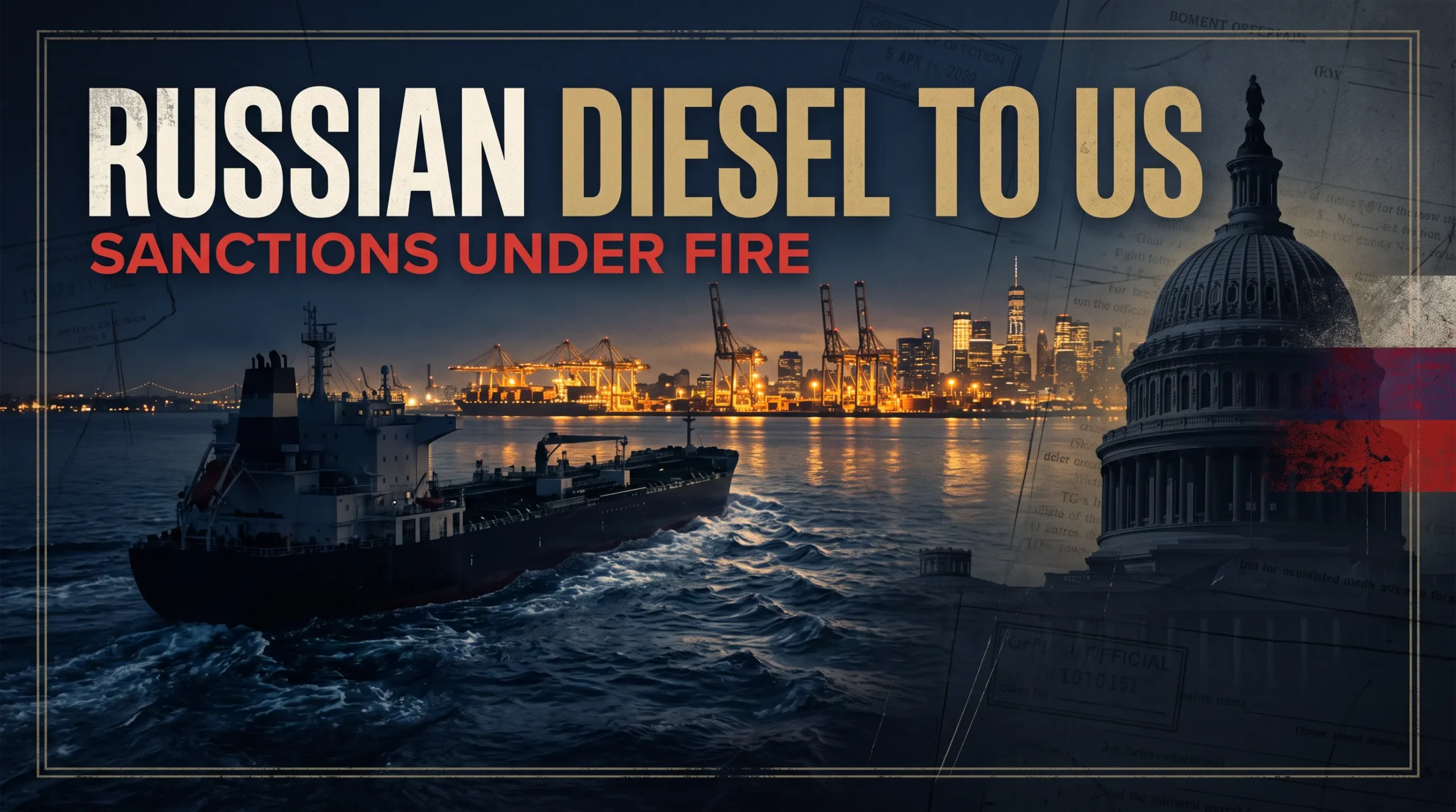Illustration of a tanker approaching a US port representing the debate over Russian diesel and sanctions.
