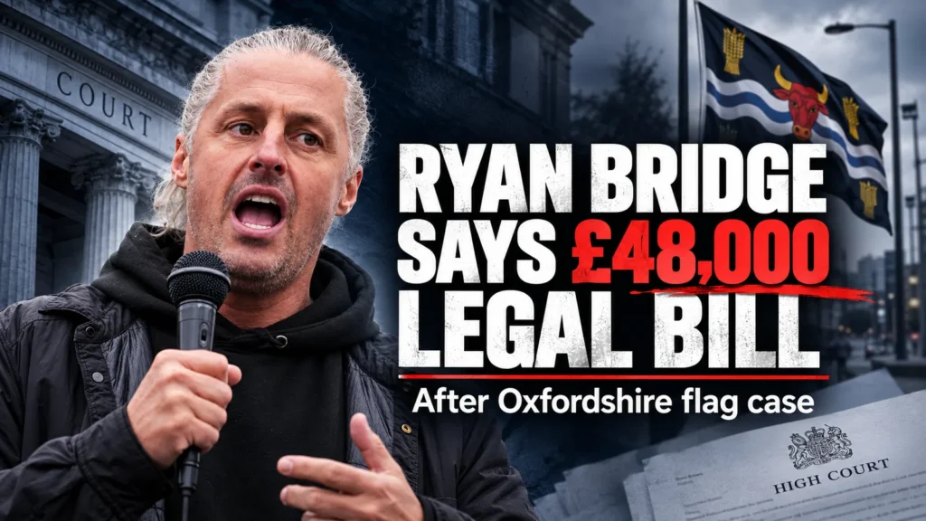 Editorial composite depicting Ryan Bridge speaking with a microphone beside court imagery and a headline about his reported £48,000 legal bill.