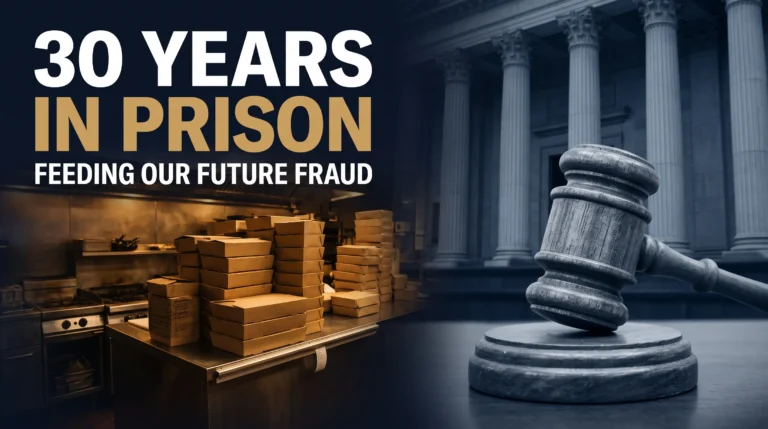 Editorial composite showing takeaway meal boxes, a courthouse and a judge's gavel with the headline 30 Years in Prison, Feeding Our Future Fraud.