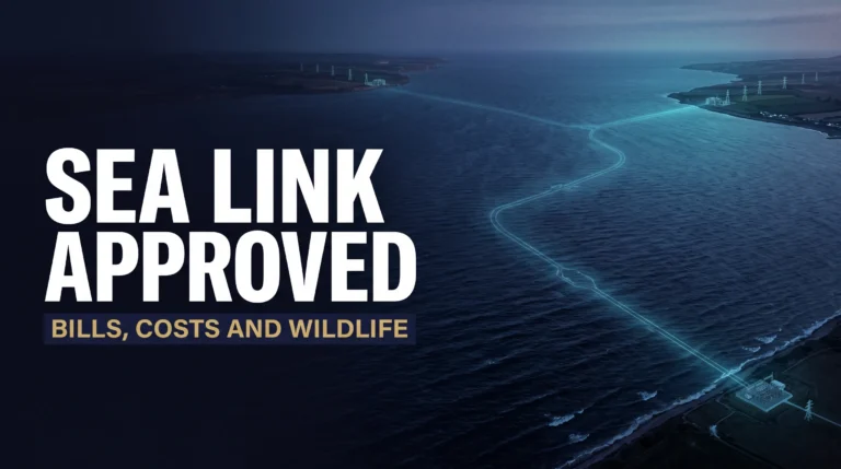 Illustration of an undersea electricity cable connecting coastal power infrastructure, with the headline Sea Link Approved and the words Bills, Costs and Wildlife.
