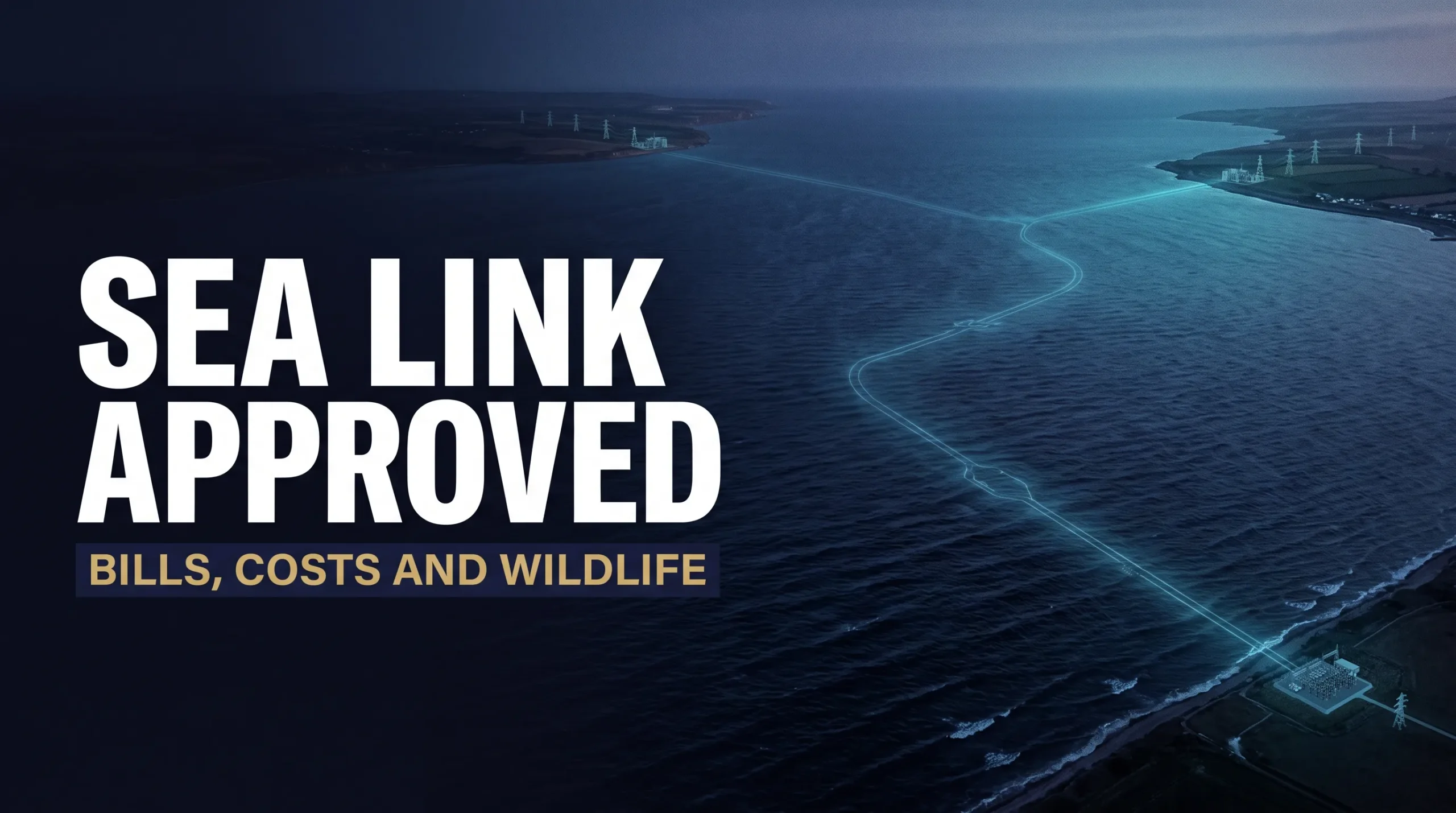 Illustration of an undersea electricity cable connecting coastal power infrastructure, with the headline Sea Link Approved and the words Bills, Costs and Wildlife.