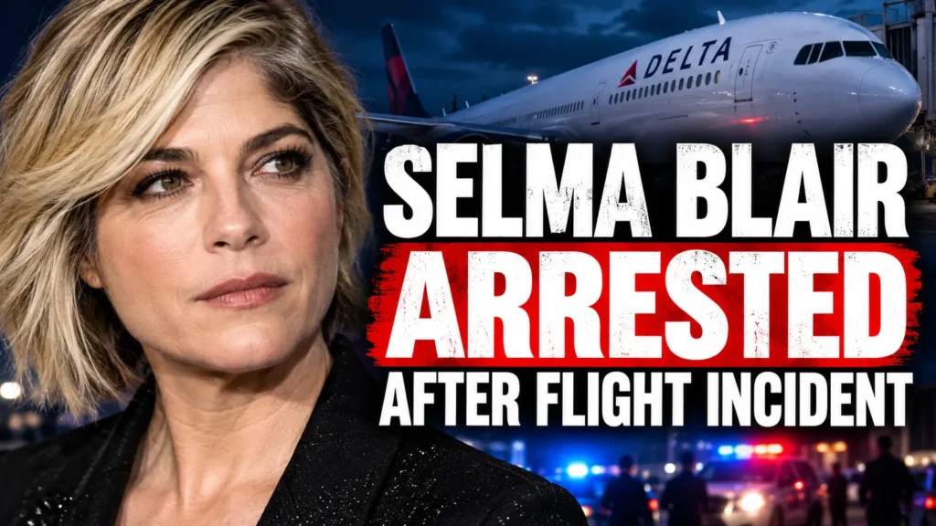 Editorial composite of Selma Blair alongside a Delta aircraft, with the headline 'Arrested after flight incident'.