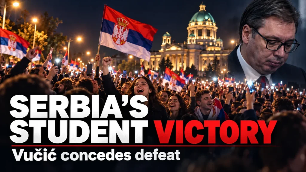 Editorial composite illustrating Serbia's student-backed election victory, with celebrating crowds waving Serbian flags and a portrait of Aleksandar Vučić.